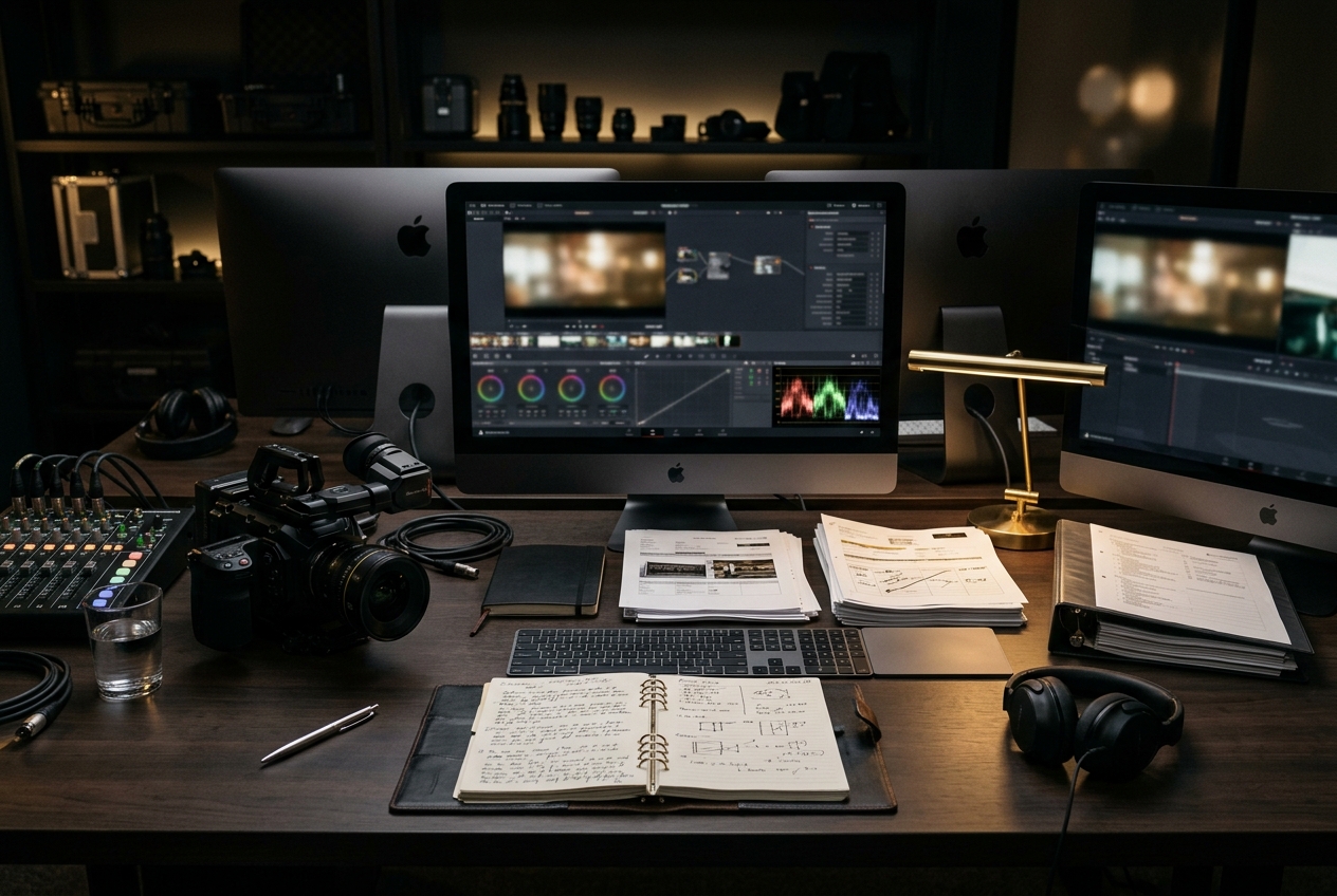 Cinematic production command environment with monitors, notes, and premium lighting